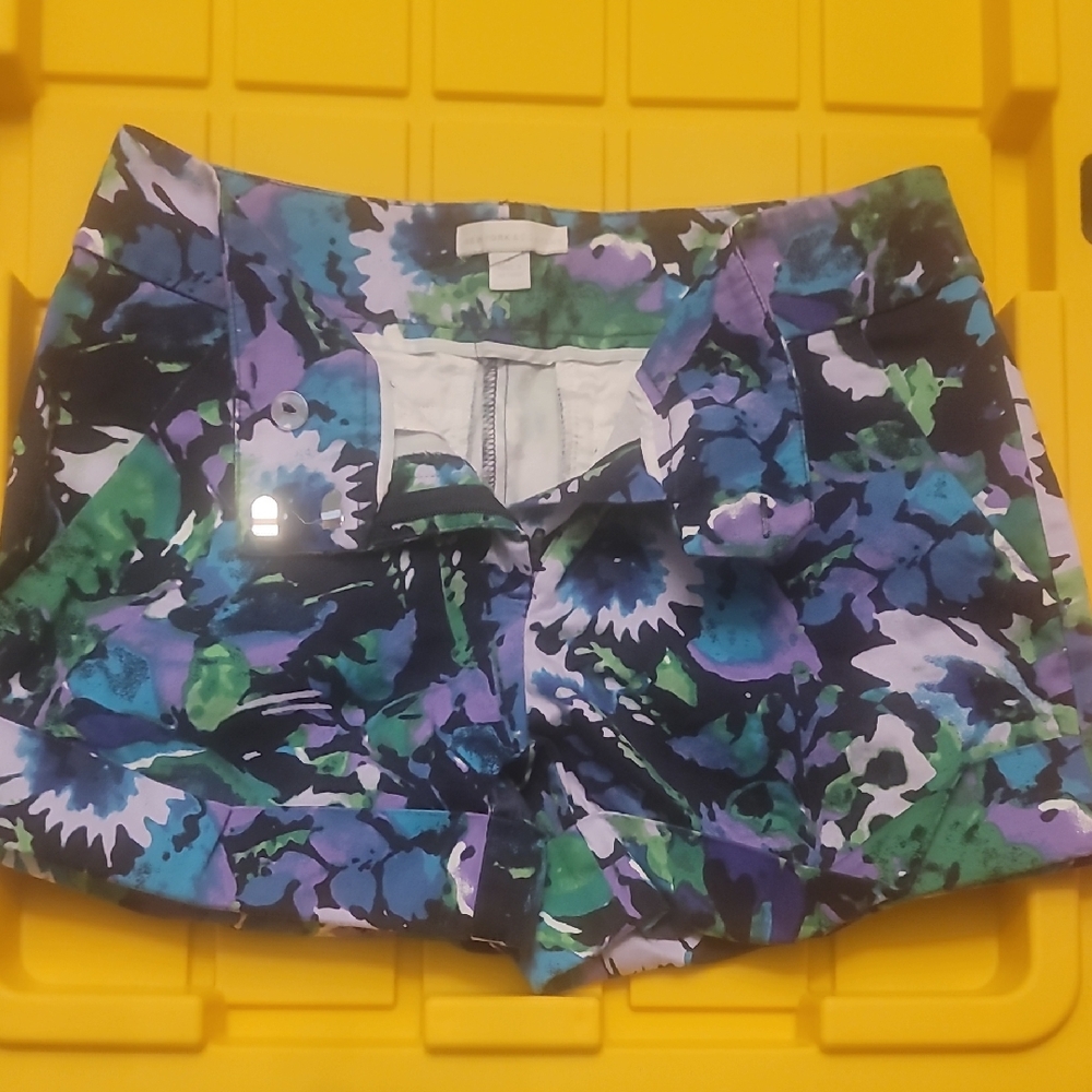 New York & Company Floral High Waist Shorts - Blue, Green, Purple